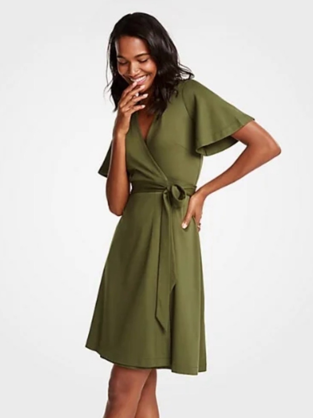 Ann Taylor Anika flutter sleeve wrap dress moss olive green size 4 NWOT